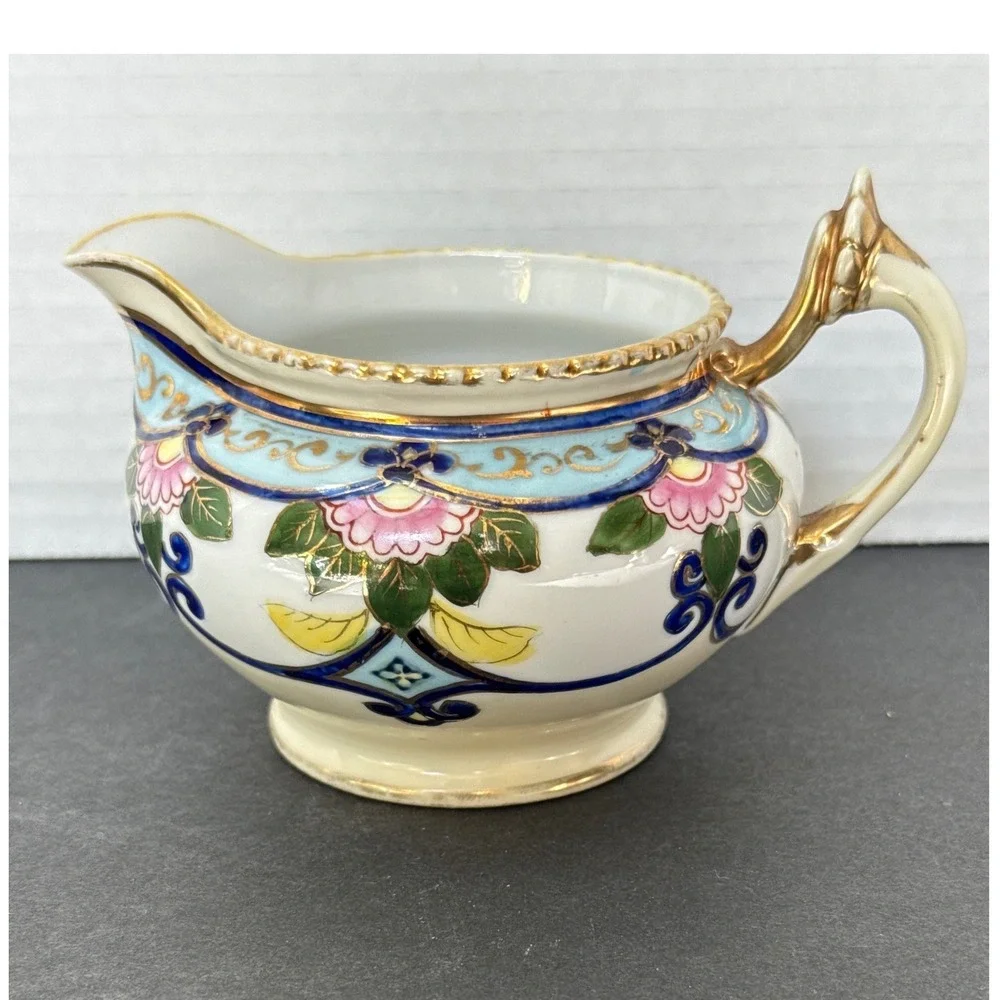Vintage‎ Hand Painted Nippon Porcelain Creamer Floral Gold Gilt Creamer